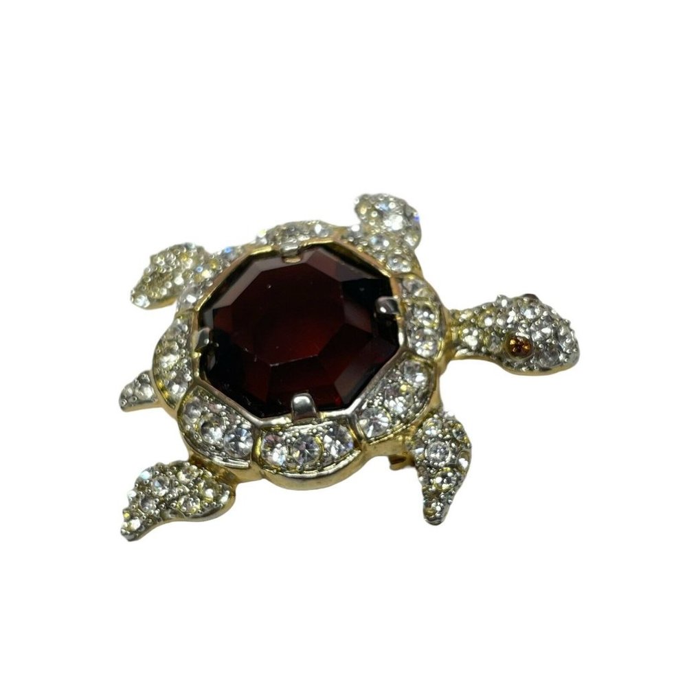 Vtg Turtle Brooch Rhinestone Octagon Faceted Glass Stone Gold Tone